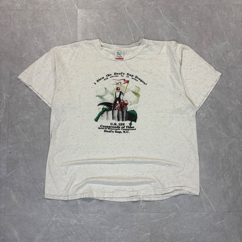 Vintage Reatta Deals Gap Dragon US 129 Motorcycle T-Shirt White Speckled XL